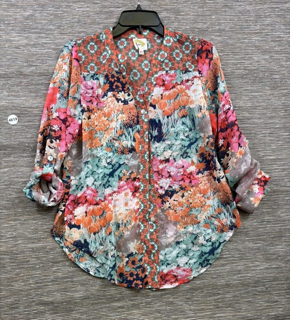 Fig And Flower Button Up Shirt Women PS Multi Floral Semi Sheer Roll Tab Sleeve